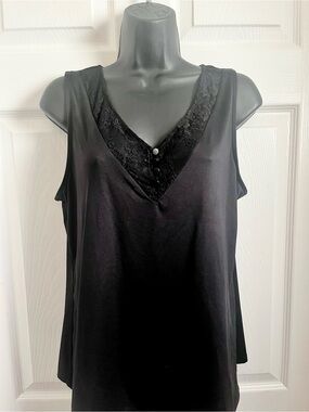 Y2K San Francisco Top Black Satin Fluid Camisole Large V-Neck Lace Sleeveless